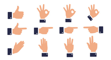 Collection of Hand Gestures Thumbs Up, Okay Sign, Pointing, and Number Icons