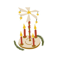 Christmas Pyramid with Candles. Advent Traditional Wooden Candlestick Holder Decoration with Fir Tree and Candle Light. Vintage Cartoon Colorful Hand Drawn Element. Xmas Vector Illustration Isolated. 