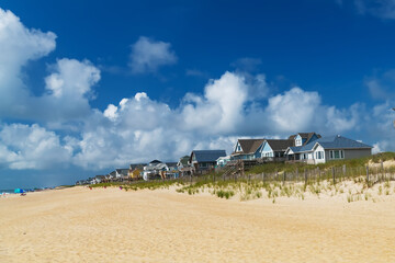 Exteriors of beach houses on an Atlantic Ocean beach in North Carolina.