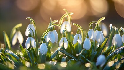51 close up of snowdrops swaying gently in the breeze bathed in warm sunlight with dewdrops glistening on their fresh green stems in a vibrant spring meadow