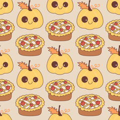 Adorable seamless fall pattern with smiling yellow pumpkins and sweet cherry pies on a soft beige background. This cozy and festive design is perfect for Thanksgiving, seasonal wrapping paper