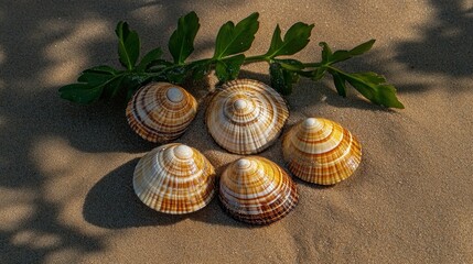 Five Striped Seashells and Green Leaf on Sandy Beach, Sunlight and Shadows
