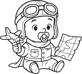 Little Aviator's Dream: A charming illustration of a baby dressed as a pilot, holding a toy airplane and a map. The image captures the innocence and imagination.