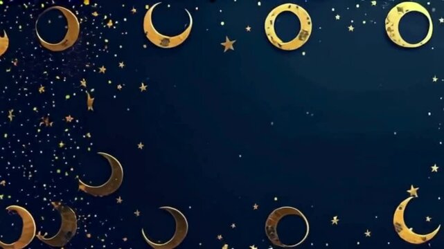 Golden crescent moons and stars twinkle in a mesmerizing celestial dance against a deep blue backdrop creating a dreamy, elegant, and visually appealing cosmic atmosphere.