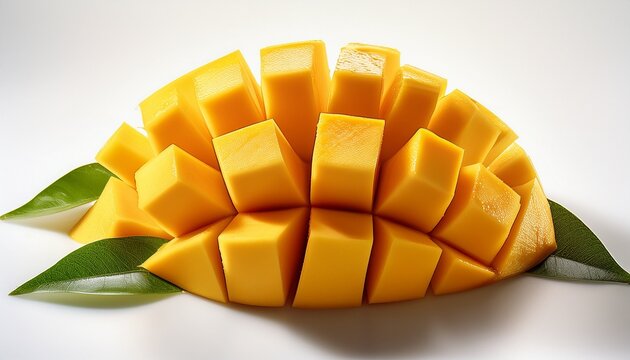 sliced mango fruit presenting vibrant yellow cubes on white background