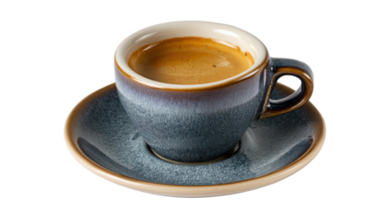 Close-up of a coffee cup filled with espresso on a saucer, showcasing rich color on a white background.