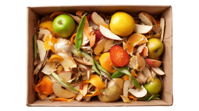 Box filled with assorted fruit peels and scraps, showcasing colorful organic waste for composting.