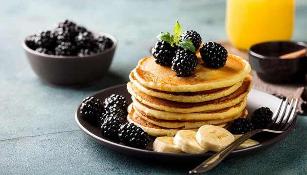 homemade pancakes with blackberries and banana
