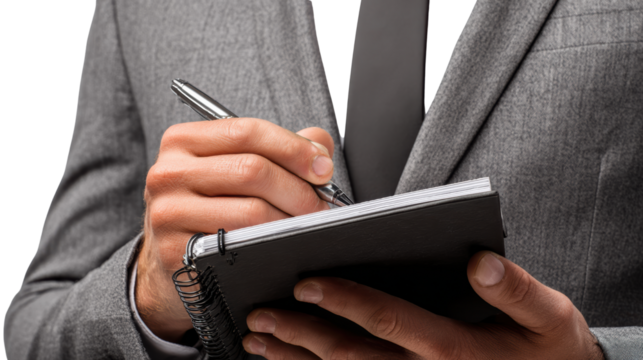 Businessman writing notes in a notebook while holding a pen, isolated on white background. - Powered by Adobe