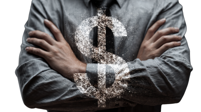 Businessman with crossed arms and dollar symbol, isolated on white background.