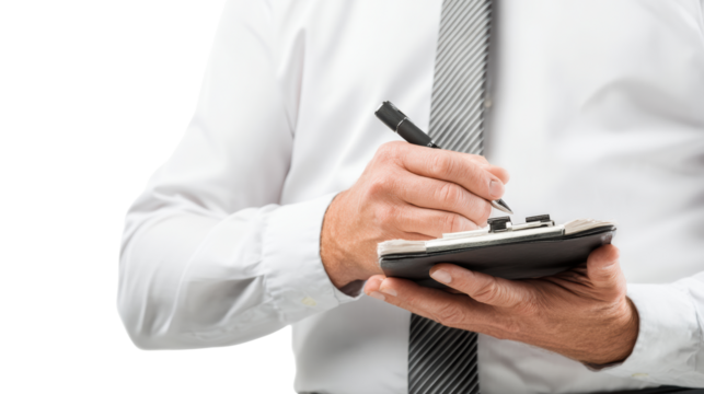 Businessman writing notes on clipboard in office environment.