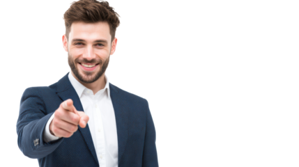Confident businessman pointing forward with a smile on a white isolate background.