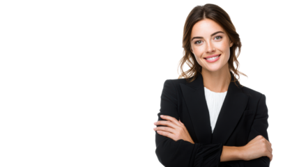 Confident businesswoman smiling with arms crossed, isolated on white background.