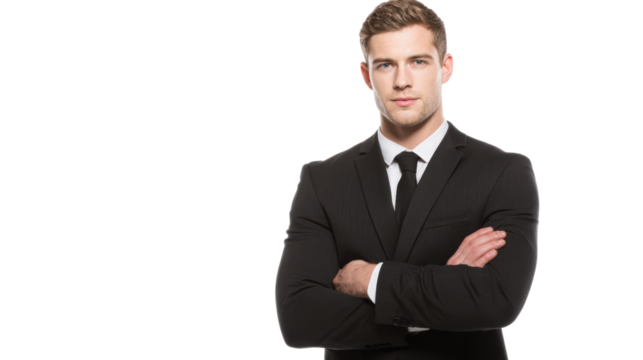Confident businessman in a suit with arms crossed, isolated on white background.
