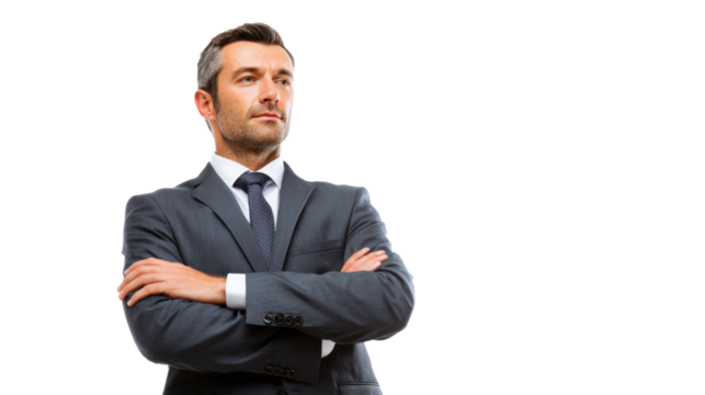 Confident businessman in a suit with arms crossed, standing against a white isolated background.