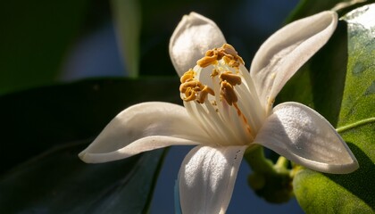 close up of citrus flower after blooming phase with visible pistils and developing ovary natural daylight highlights textures and details of the reproductive structures