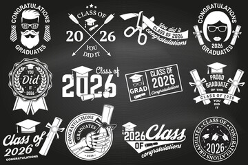 Set of Vector Class of 2026 badges on the chalkboard. Vector illustration. Concept for shirt, print, seal, overlay or stamp, greeting, invitation card. Typography design. For class of 2026 graduation.