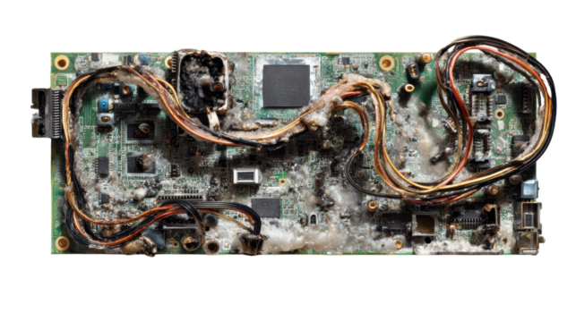 Damaged circuit board with wires, white isolated background.