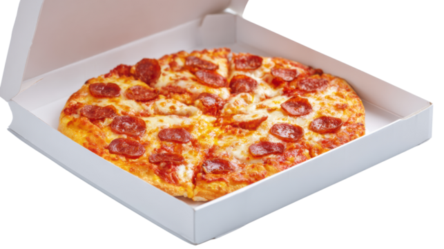 Delicious pepperoni pizza in a white box on a clear background, perfect for food lovers and culinary enthusiasts.