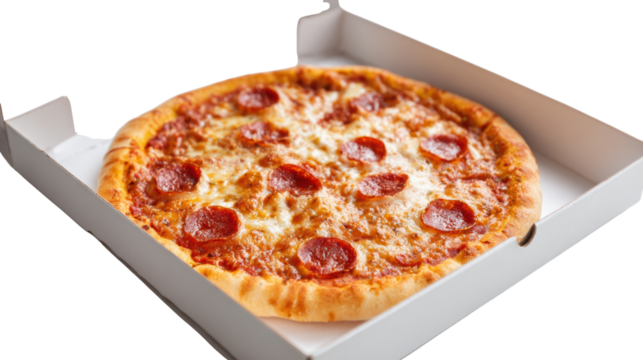 Delicious pepperoni pizza in a white pizza box, isolated on white background.