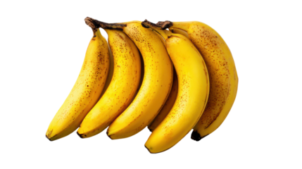 Five ripe yellow bananas, arranged in a cluster against a white background.