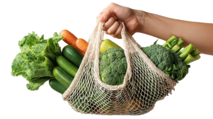 Fresh vegetables held in a reusable net bag against a white background.