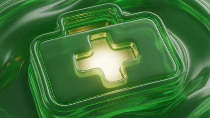 A vivid, glowing green abstract medical cross symbol is embossed onto a shiny, fluid surface of varying green hues, suggesting health, nature, and technology