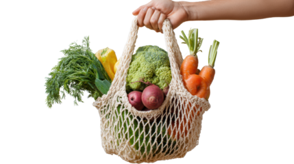 Hand holding a mesh bag filled with fresh vegetables and fruits, isolated on white background.