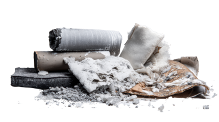 Insulation materials piled together, showing different textures and colors on a white isolated background.