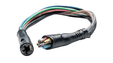 Fototapeta premium Multi-colored electrical wire connector with a black casing, isolated on a white background.