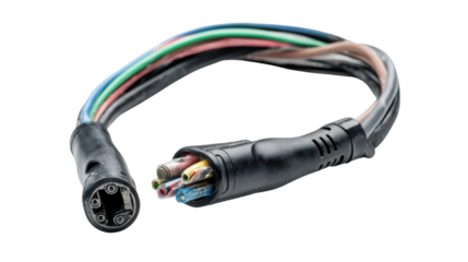 Multi-colored electrical wire connector with a black casing, isolated on a white background.