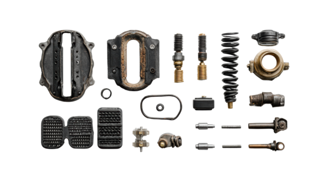 Mechanical components arranged on a black background showcasing industrial parts and accessories.