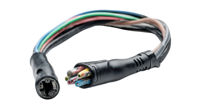 Multi-colored electrical wire connector with a black casing, isolated on a white background.