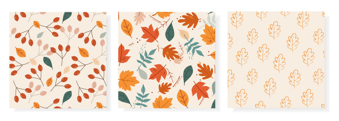 Set of seamless vector patterns with hand drawn autumn leaves and branches in warm earthy tones on beige background. Perfect for fabric prints, wrapping paper, seasonal branding, fall decor projects.
