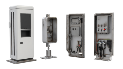 Set of self-service kiosks for various functions, isolated on white background.