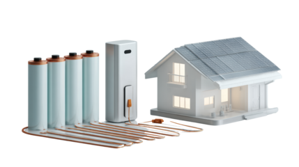 Solar energy system components showcasing a house, batteries, and inverter, white isolated background.