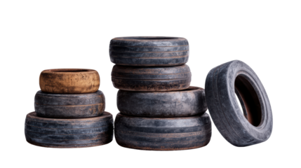 Stack of various used tires on a white isolated background.