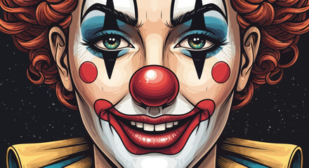 Close up portrait of a scary clown with red nose and crazy makeup for halloween party costume idea father's day