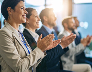 Obraz premium Professional individuals expressing appreciation at seminar, showcasing engagement and enthusiasm. atmosphere is positive and collaborative, highlighting importance of networking and learning
