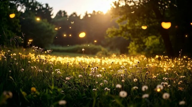 Dreamy meadow glows at sunset, featuring wildflowers, tall green grass, and swarms of magical glowing fireflies in the serene environment