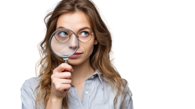 Woman examining with magnifying glass, curious expression, portrait on white background.