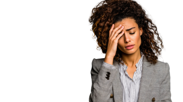 Woman in a suit displaying feelings of stress and discomfort, isolated on a white background. - Powered by Adobe