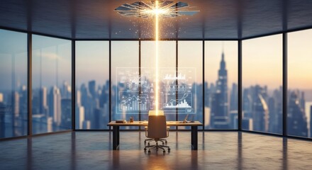 Cutting-Edge Office with Holographic Data Projection Overlooking Vibrant City Skyline at Sunset, Symbolizing Future of Business and Technological Innovation and Digital Advancement
