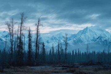 Bleak, twilight landscape featuring a snow-capped mountain range behind a silhouetted forest of slender, leafless trees.  A misty, cool-toned atmosphere pervades the scene