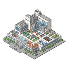 A large hospital building complex viewed from above.