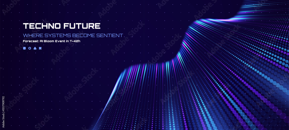 Poster abstract technology background with glowing colorful dots forming dynamic wave structure. digital sc