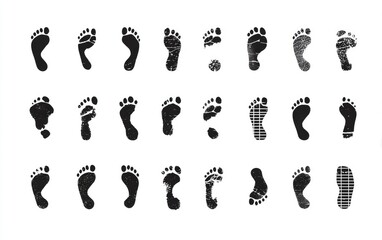 A collection of twenty-four diverse, grunge-style black footprints on a white background, varying in size and detail