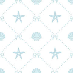Vector seamless pattern of blue vintage bows and seashells, hand drawn background illustration.