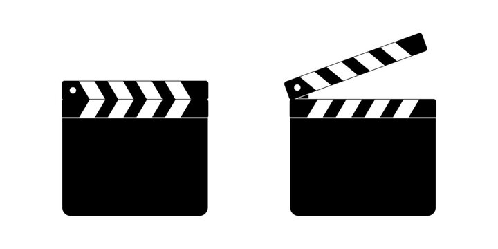 Closed and open movie clapboard silhouettes. Clapper boards isolated on white background. Camera and action concept. Cinema or television program production tools. Vector graphic illustration.