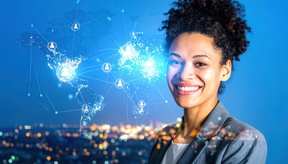 Empowered professional woman smiling against city skyline, with digital network overlay representing global connectivity and technology. image conveys innovation and collaboration